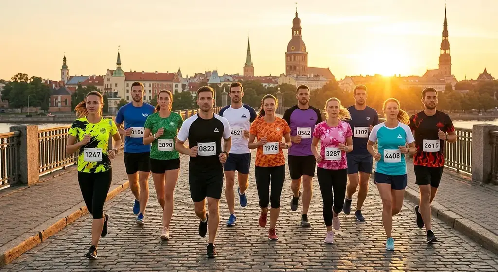 Maratona skrējēji pār Vanšu tiltu Rīgā saulrieta gaismā